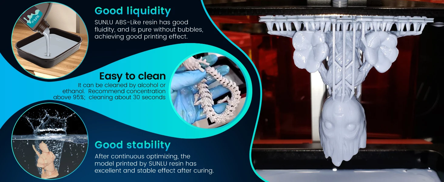 SUNLU 10KG Water Washable / Water Washable ABS Resin 1000G/Bottle 405nm Rapid UV-Curing Photopolymer Resin For LCD 3D Print