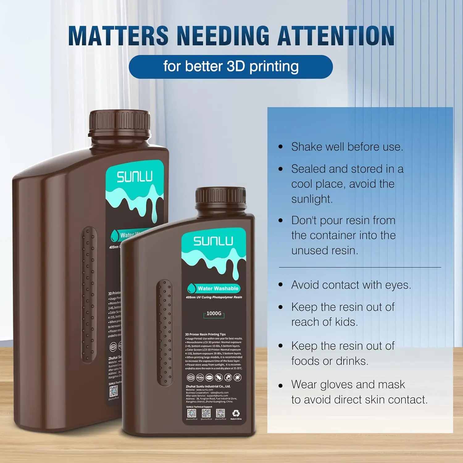 SUNLU 10KG Water Washable / Water Washable ABS Resin 1000G/Bottle 405nm Rapid UV-Curing Photopolymer Resin For LCD 3D Print