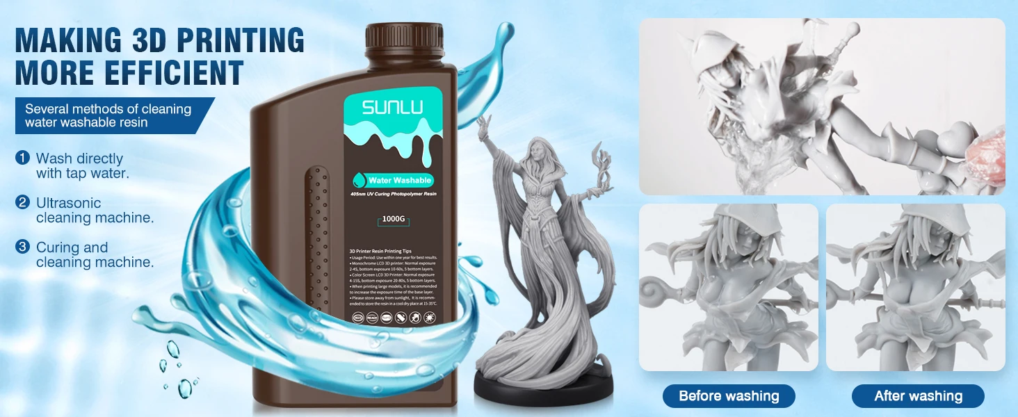 SUNLU 5KG Water Washable ABS Resin 1000G/Bottle 405nm Rapid UV-Curing Photopolymer Resin For LCD 3D Print