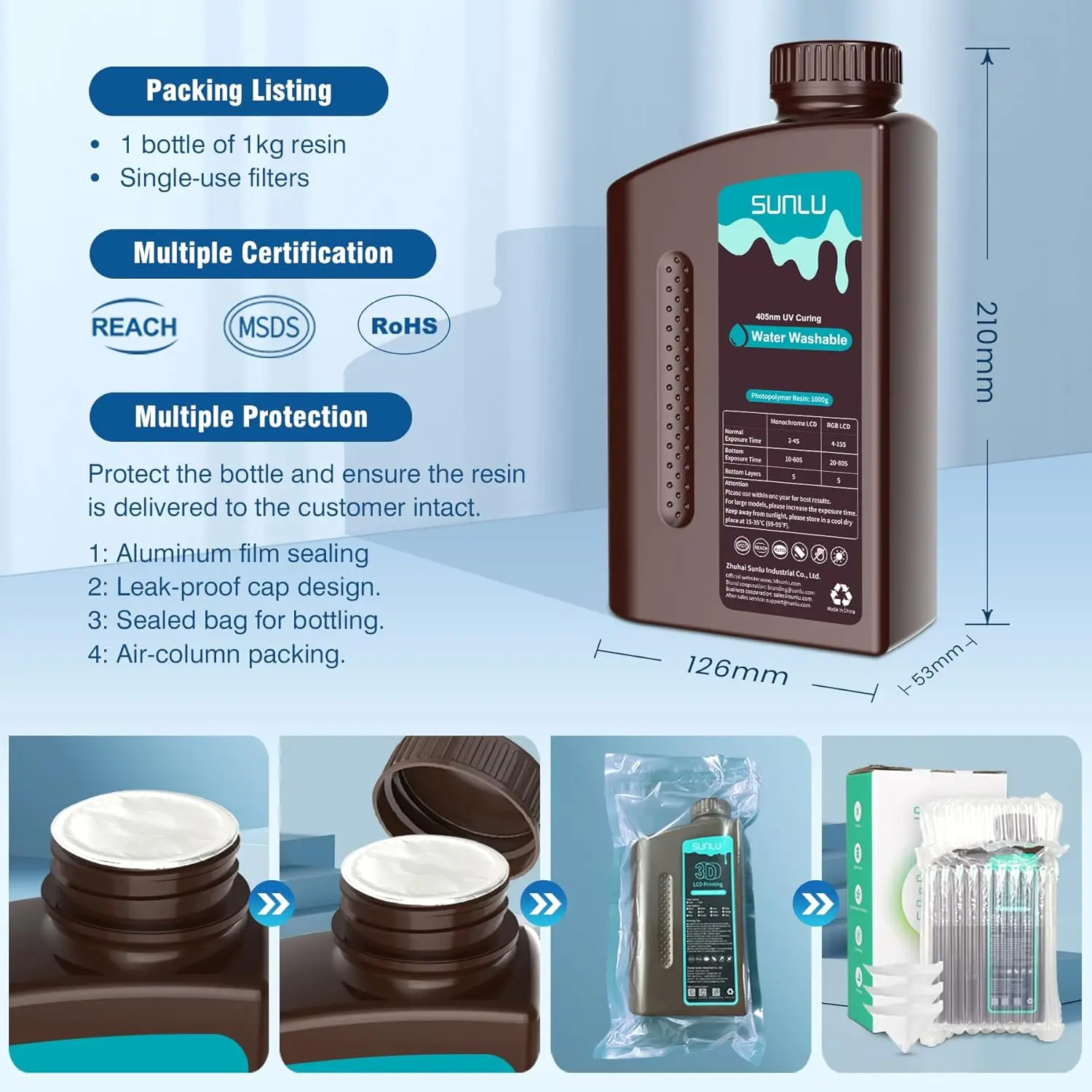 SUNLU 5KG Water Washable ABS Resin 1000G/Bottle 405nm Rapid UV-Curing Photopolymer Resin For LCD 3D Print