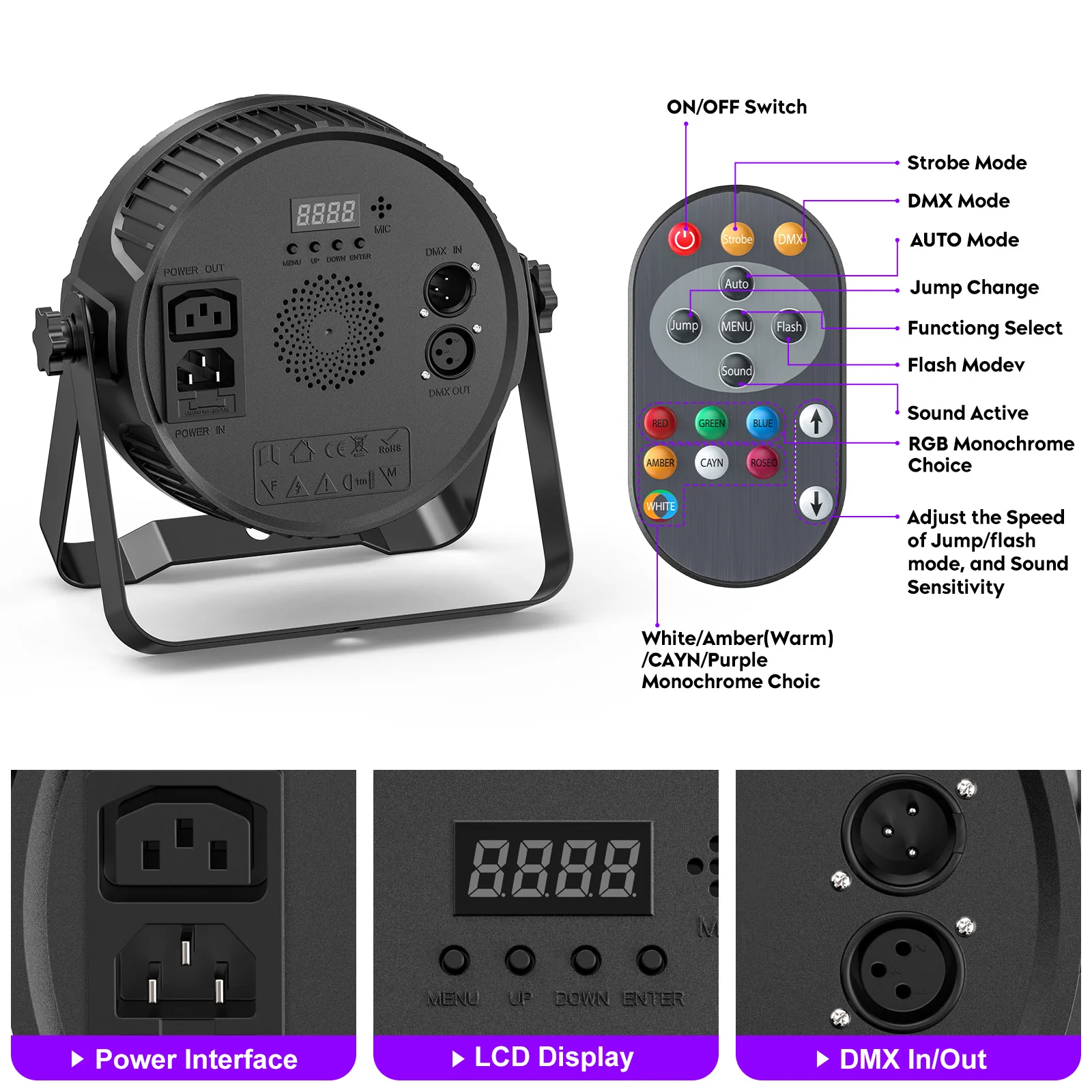 4Pcs 4 in 1 RGBW 14 LEDs 80W Par Light DMX512 Master-Slave Sound Activated with Remote Control DJ Party Stage Effect Lighting