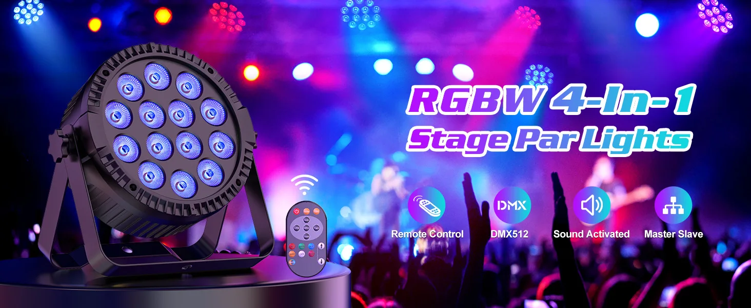 4Pcs 4 in 1 RGBW 14 LEDs 80W Par Light DMX512 Master-Slave Sound Activated with Remote Control DJ Party Stage Effect Lighting