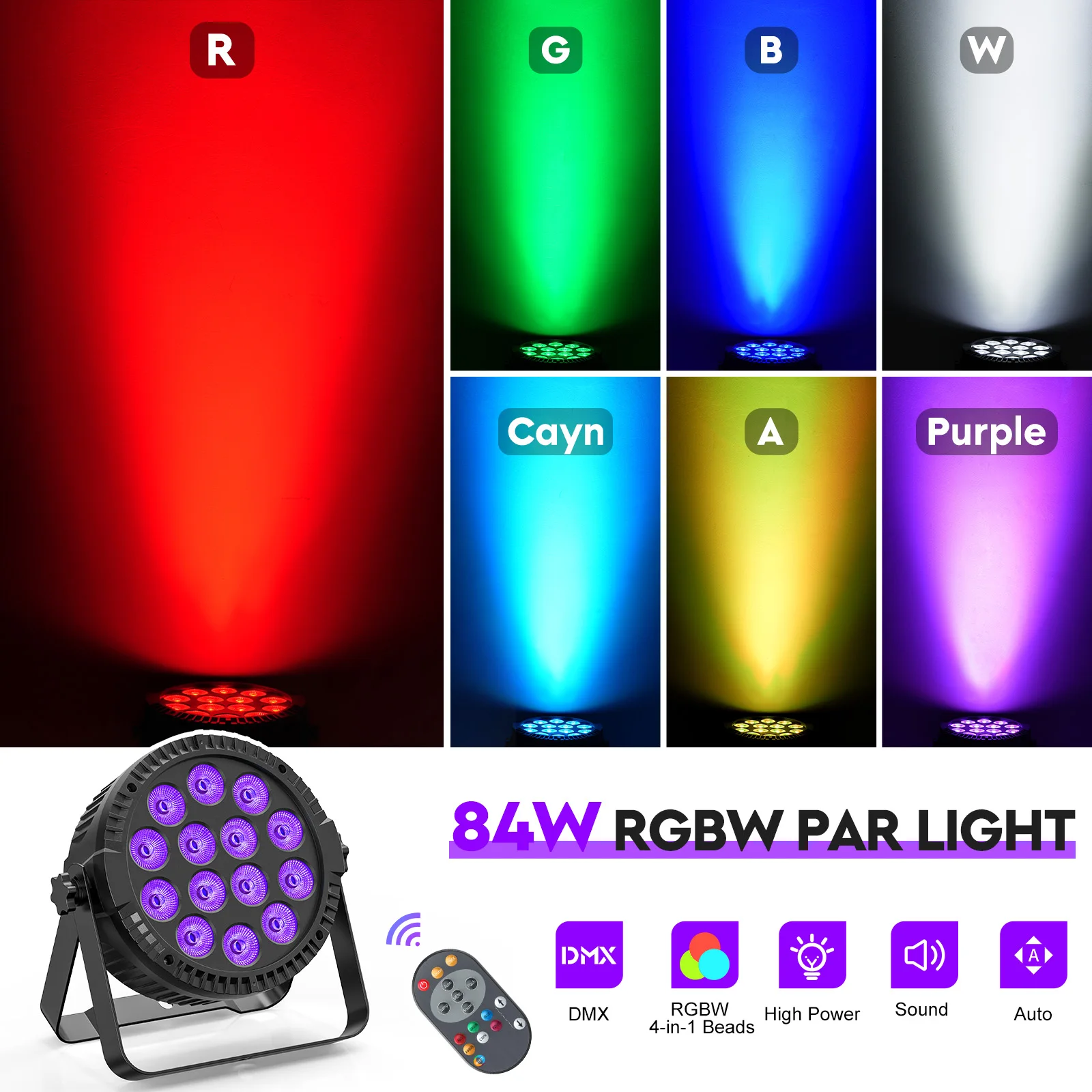 4Pcs 4 in 1 RGBW 14 LEDs 80W Par Light DMX512 Master-Slave Sound Activated with Remote Control DJ Party Stage Effect Lighting