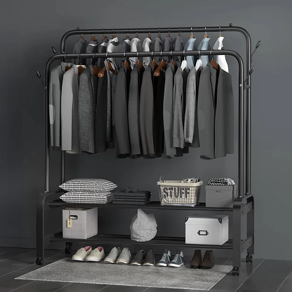 【Lifeideas】Double-Rod Clothes Rack with Wheels