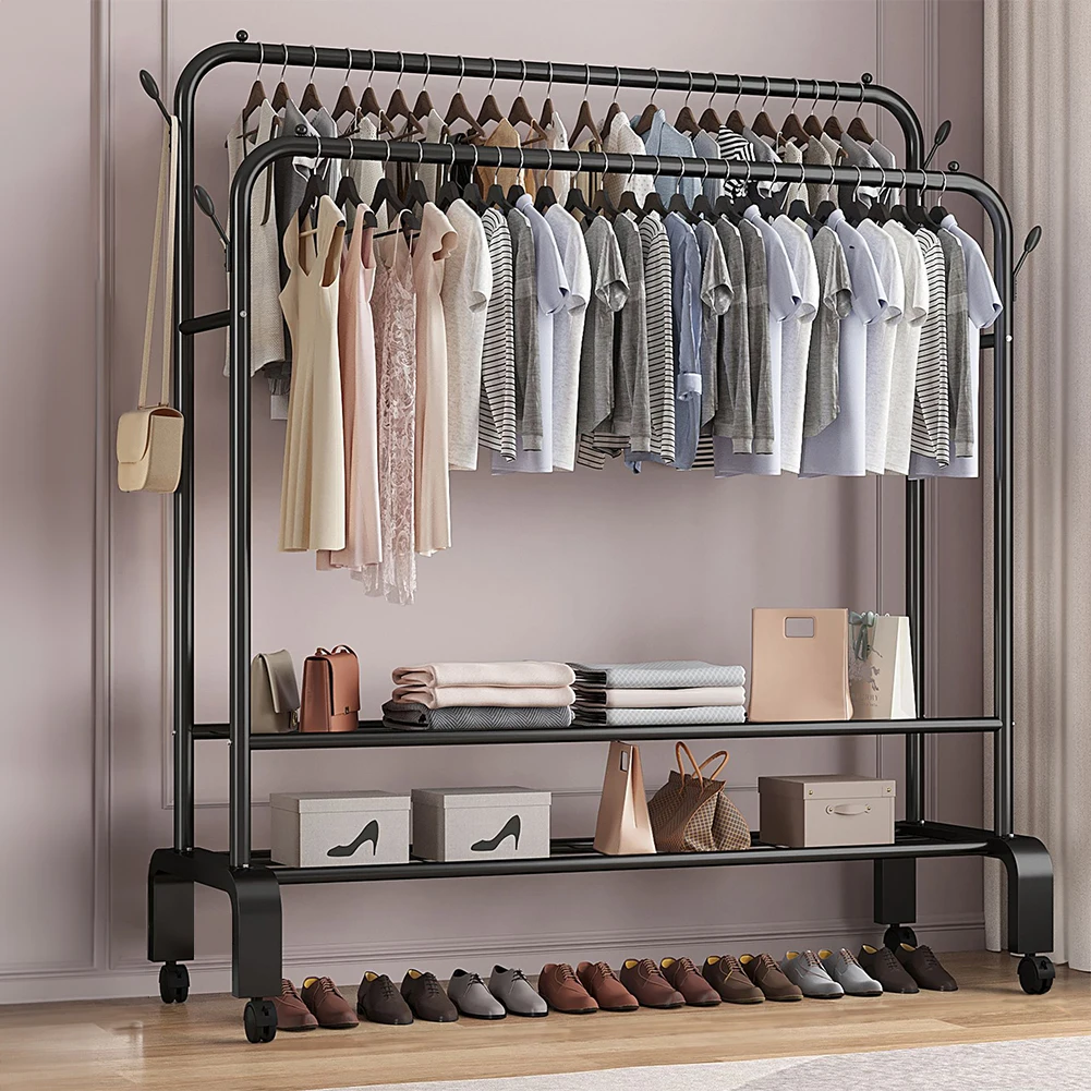 【Lifeideas】Double-Rod Clothes Rack with Wheels