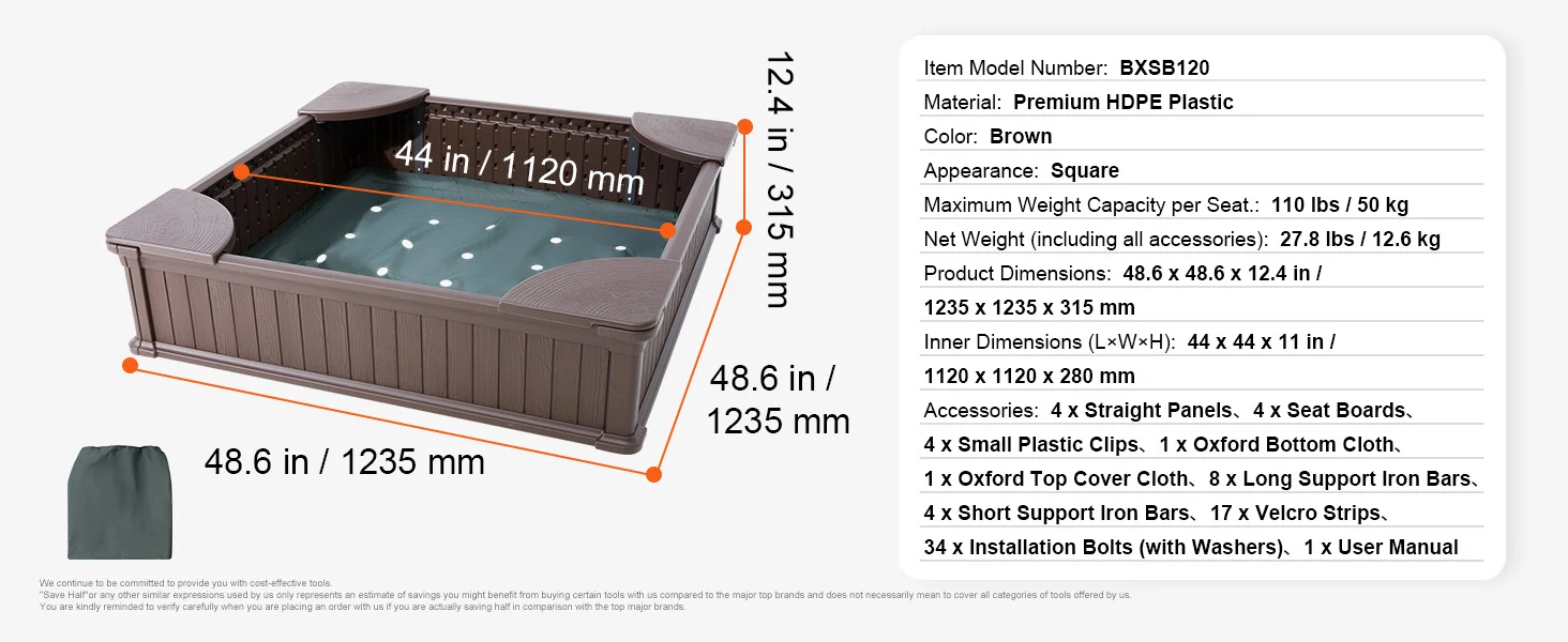 SucceBuy Sandbox with Cover in Square Sand Box Sand Pit with 4 Corner Seating and Bottom Liner Kids Sandbox for Outdoor for Kids