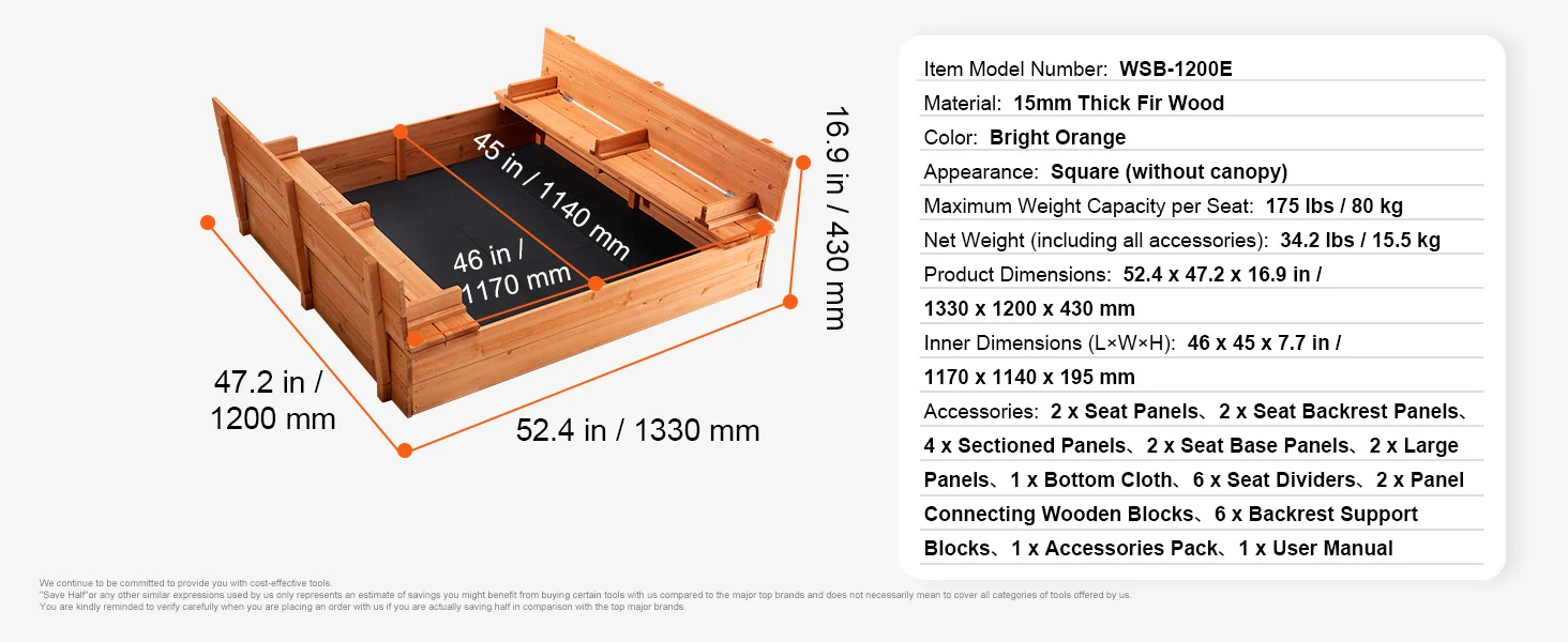 SucceBuy Sandbox with Cover in Square Sand Box Sand Pit with 4 Corner Seating and Bottom Liner Kids Sandbox for Outdoor for Kids