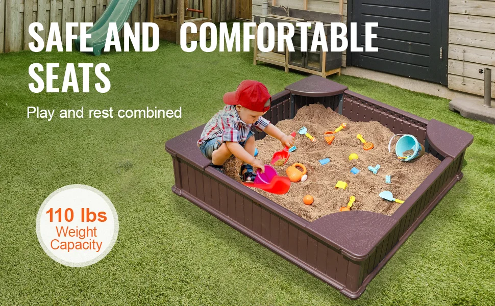 SucceBuy Sandbox with Cover in Square Sand Box Sand Pit with 4 Corner Seating and Bottom Liner Kids Sandbox for Outdoor for Kids