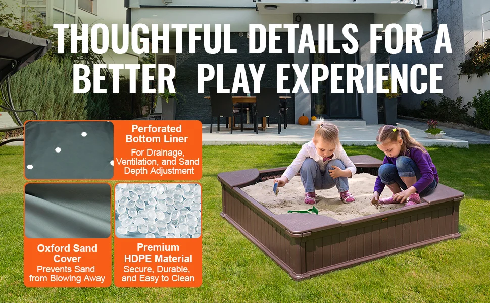 SucceBuy Sandbox with Cover in Square Sand Box Sand Pit with 4 Corner Seating and Bottom Liner Kids Sandbox for Outdoor for Kids