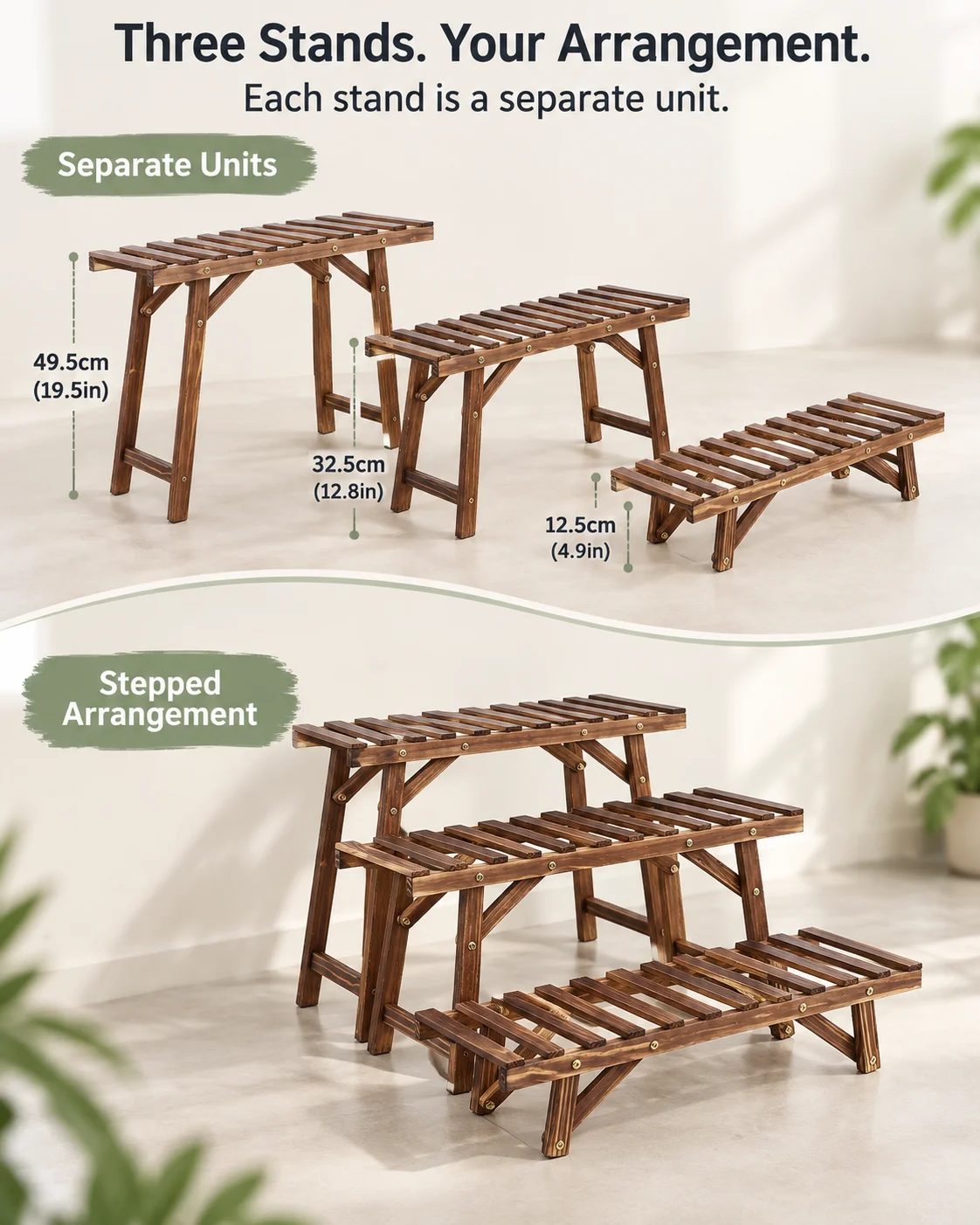 Wooden Plant Stands Set of 3, 70cm Wide Pine Wood Plant Shelves for Living Room and Balcony