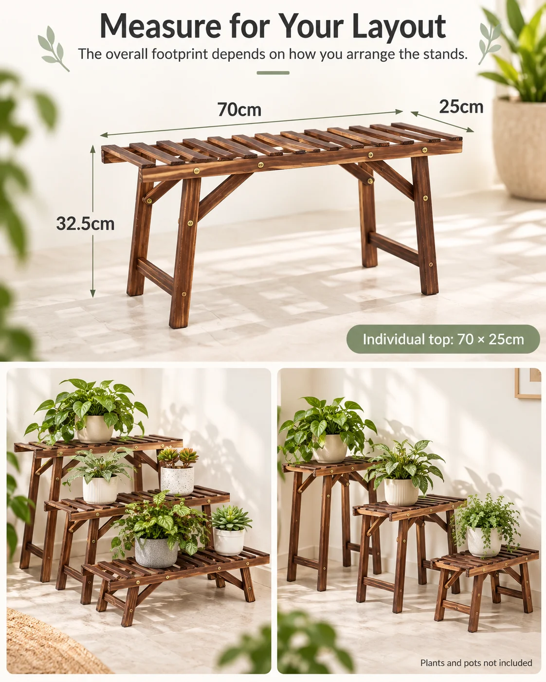 Wooden Plant Stands Set of 3, 70cm Wide Pine Wood Plant Shelves for Living Room and Balcony