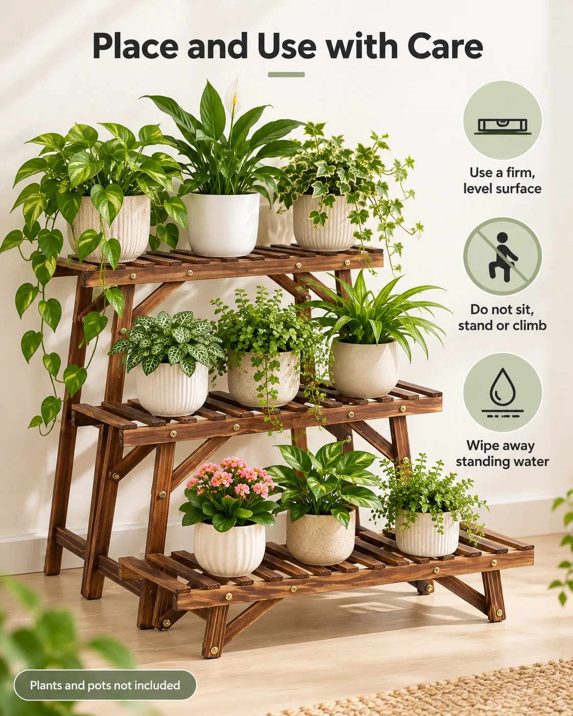Wooden Plant Stands Set of 3, 70cm Wide Pine Wood Plant Shelves for Living Room and Balcony