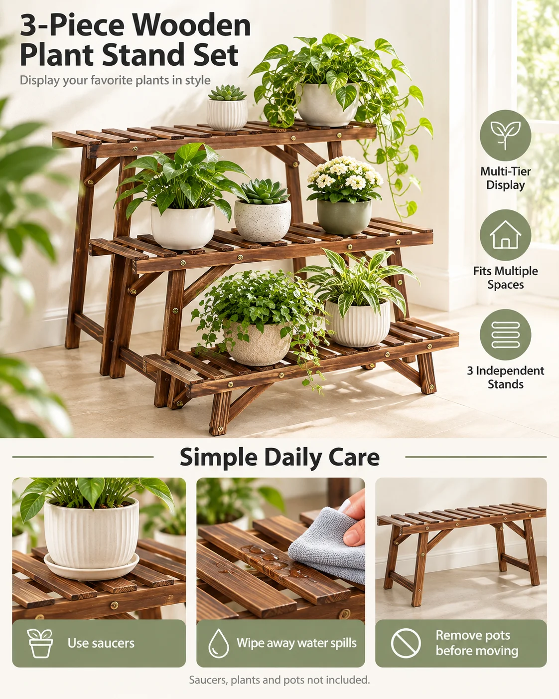 Wooden Plant Stands Set of 3, 70cm Wide Pine Wood Plant Shelves for Living Room and Balcony