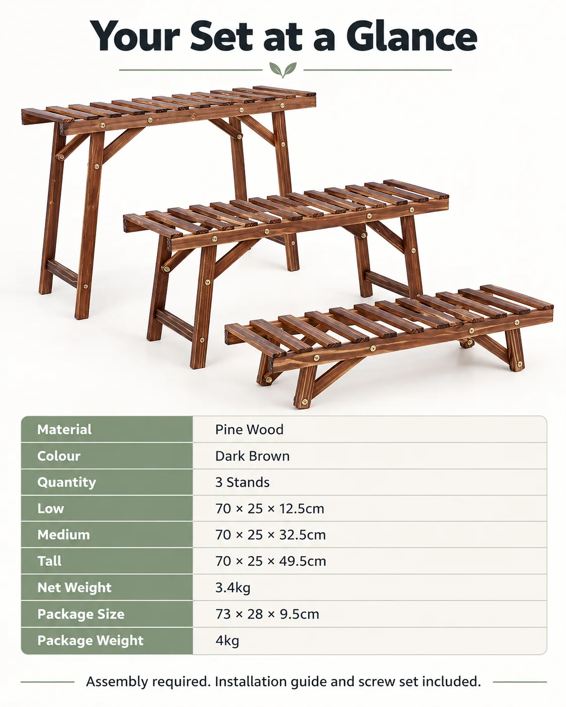 Wooden Plant Stands Set of 3, 70cm Wide Pine Wood Plant Shelves for Living Room and Balcony