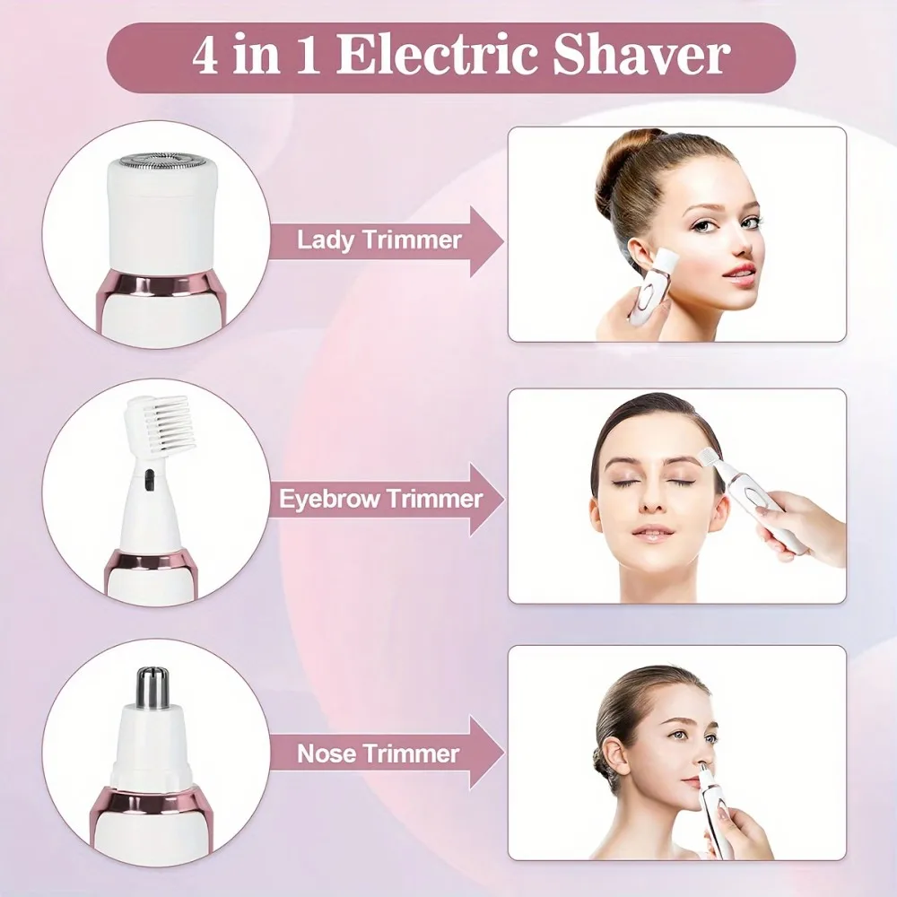 4 in 1 Lady Shaver Electric Hair Removal USB Rechargeable Painless Epilator Trimmer Wet & Dry Shaving Set for Face Eyebrow Nose Bikini Legs Underarm Body