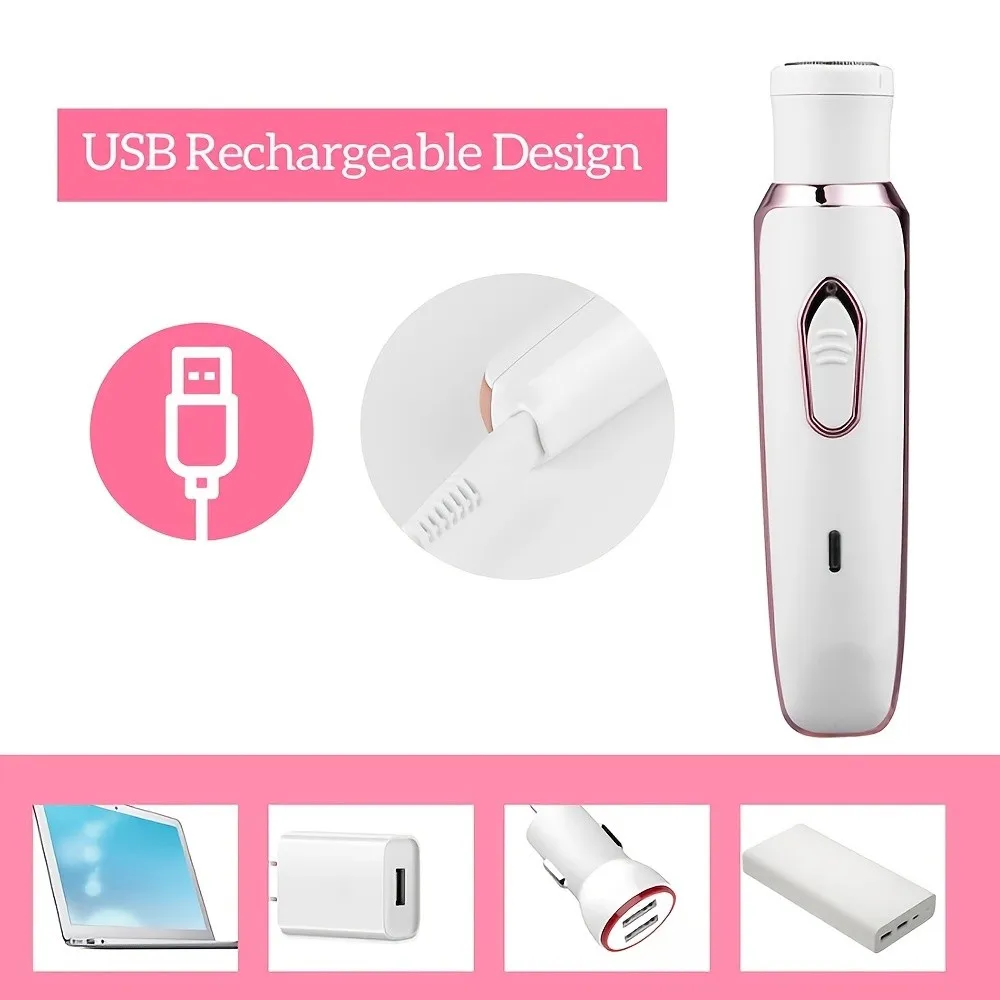 4 in 1 Lady Shaver Electric Hair Removal USB Rechargeable Painless Epilator Trimmer Wet & Dry Shaving Set for Face Eyebrow Nose Bikini Legs Underarm Body