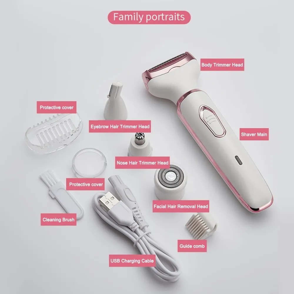 4 in 1 Lady Shaver Electric Hair Removal USB Rechargeable Painless Epilator Trimmer Wet & Dry Shaving Set for Face Eyebrow Nose Bikini Legs Underarm Body