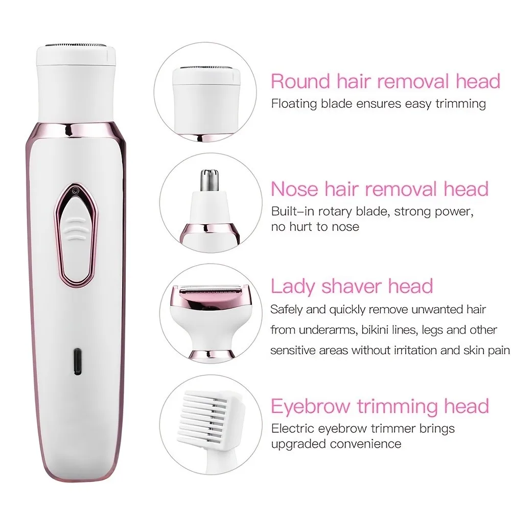 4 in 1 Lady Shaver Electric Hair Removal USB Rechargeable Painless Epilator Trimmer Wet & Dry Shaving Set for Face Eyebrow Nose Bikini Legs Underarm Body