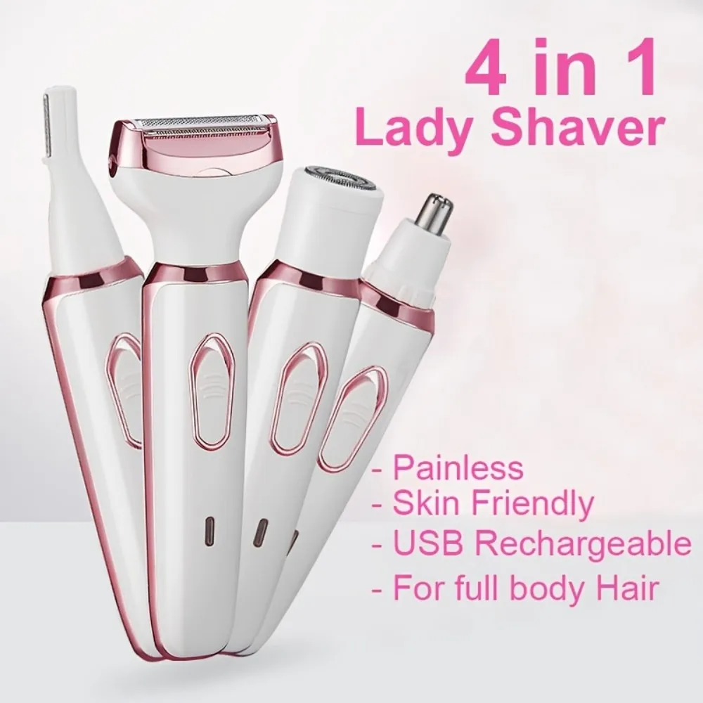 4 in 1 Lady Shaver Electric Hair Removal USB Rechargeable Painless Epilator Trimmer Wet & Dry Shaving Set for Face Eyebrow Nose Bikini Legs Underarm Body