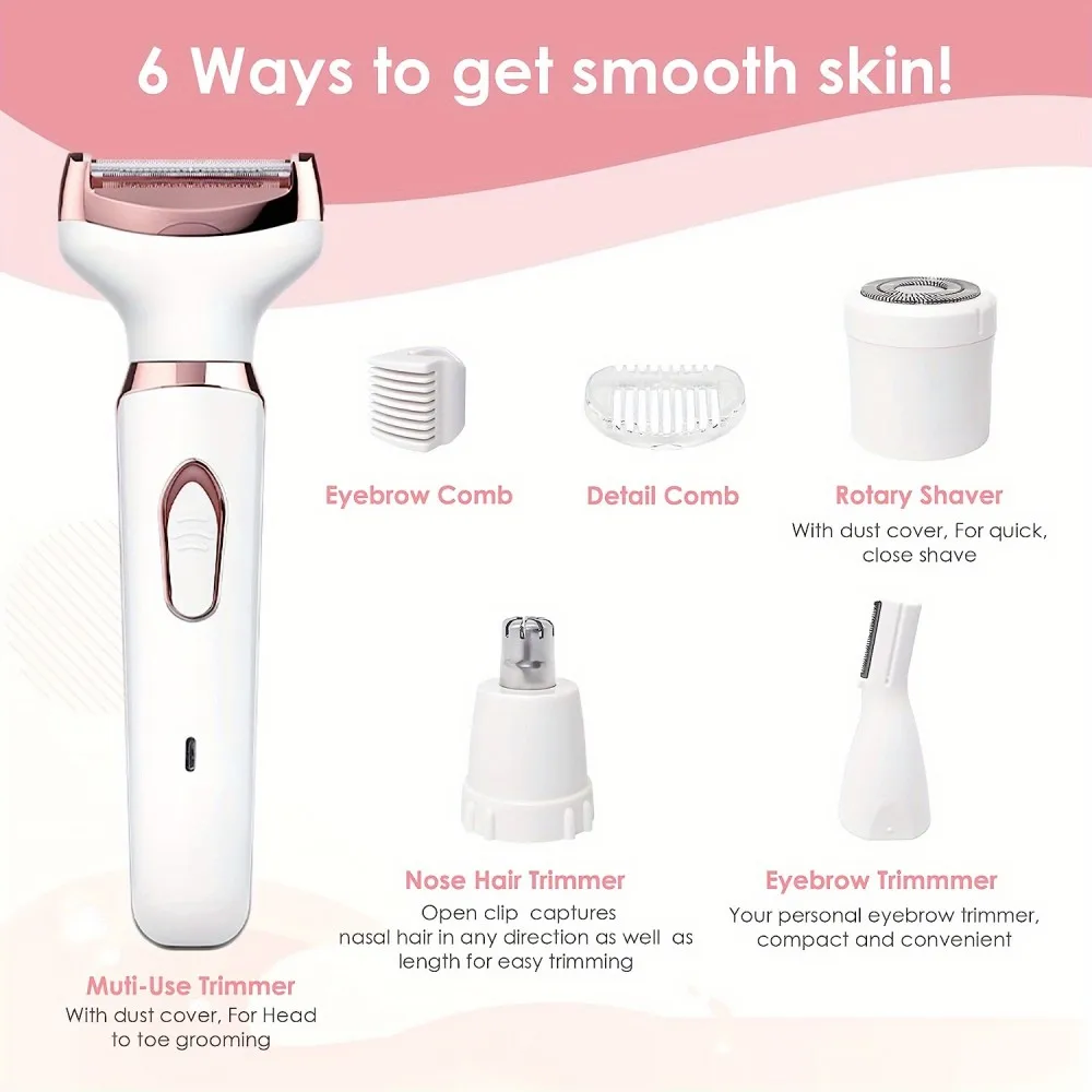 4 in 1 Lady Shaver Electric Hair Removal USB Rechargeable Painless Epilator Trimmer Wet & Dry Shaving Set for Face Eyebrow Nose Bikini Legs Underarm Body