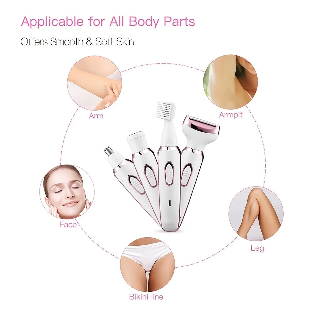 4 in 1 Lady Shaver Electric Hair Removal USB Rechargeable Painless Epilator Trimmer Wet & Dry Shaving Set for Face Eyebrow Nose Bikini Legs Underarm Body