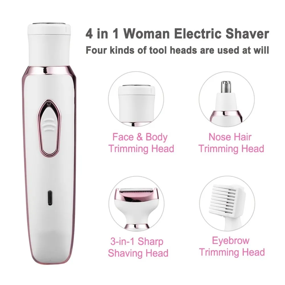4 in 1 Lady Shaver Electric Hair Removal USB Rechargeable Painless Epilator Trimmer Wet & Dry Shaving Set for Face Eyebrow Nose Bikini Legs Underarm Body