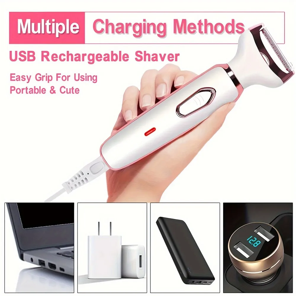4 in 1 Lady Shaver Electric Hair Removal USB Rechargeable Painless Epilator Trimmer Wet & Dry Shaving Set for Face Eyebrow Nose Bikini Legs Underarm Body