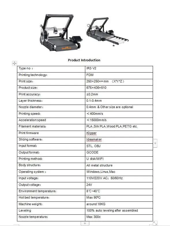 IdeaFormer IR3 V2 Infinite Z-Axis Steel Conveyor Belt 250×250×∞mm With Extended Tray Klipper Firmware Auto Leveling 3D Printer