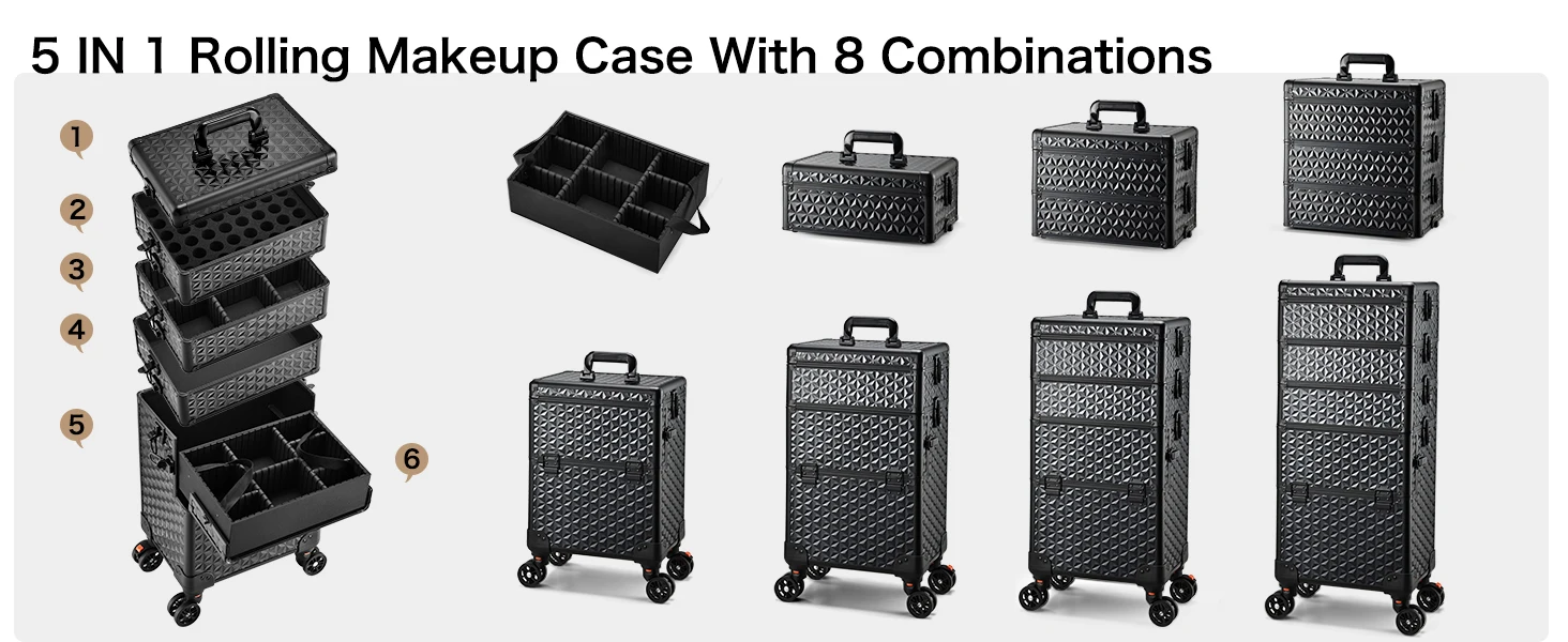 Professional Makeup Train Case on Wheels, Extra Large Cosmetic Case Rolling Makeup Case Trolley Makeup Organizer with Wheels