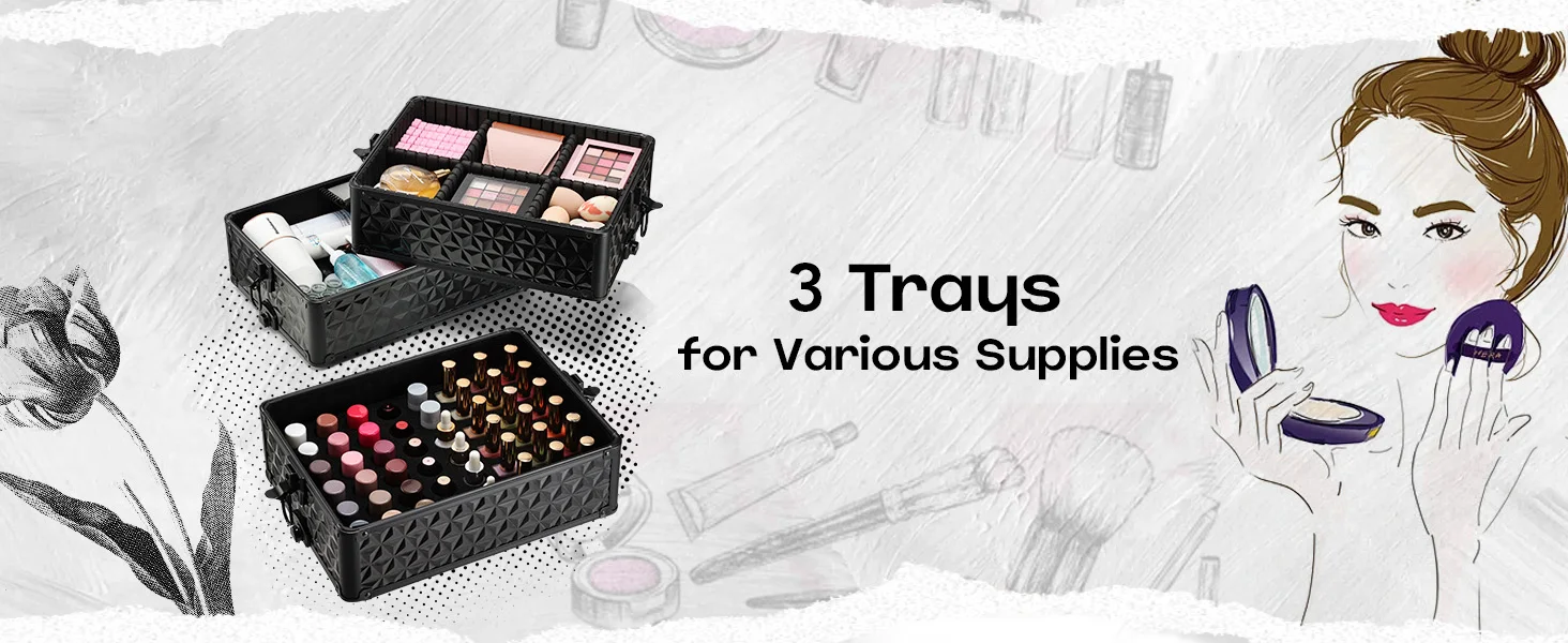Professional Makeup Train Case on Wheels, Extra Large Cosmetic Case Rolling Makeup Case Trolley Makeup Organizer with Wheels