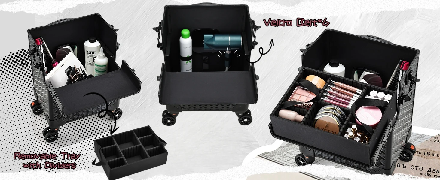 Professional Makeup Train Case on Wheels, Extra Large Cosmetic Case Rolling Makeup Case Trolley Makeup Organizer with Wheels