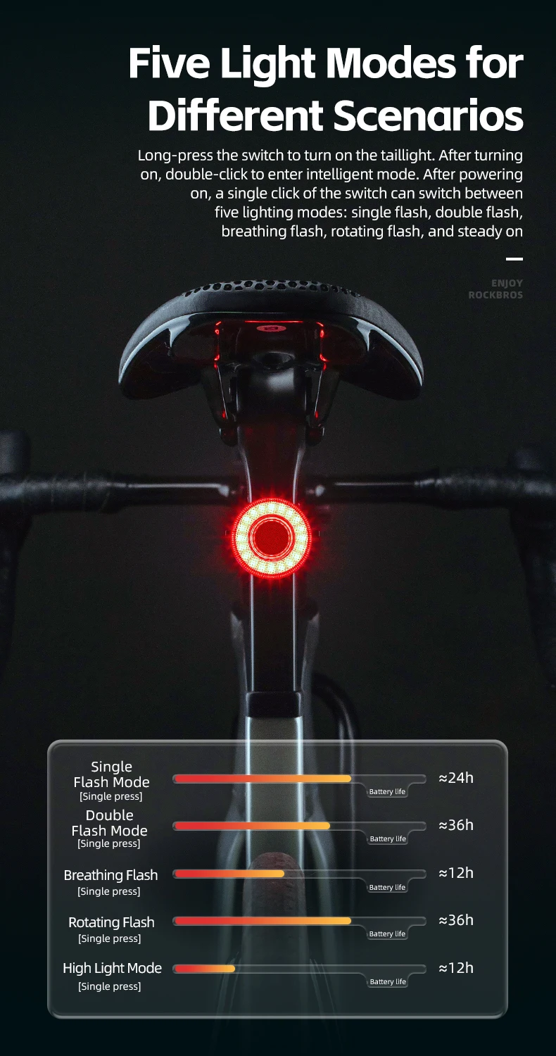 ROCKBROS Smart Bike Tail Light Bicycle Rear Lights IPX6 Waterproof Bike Lights for Night Riding with Type C Rechargeable
