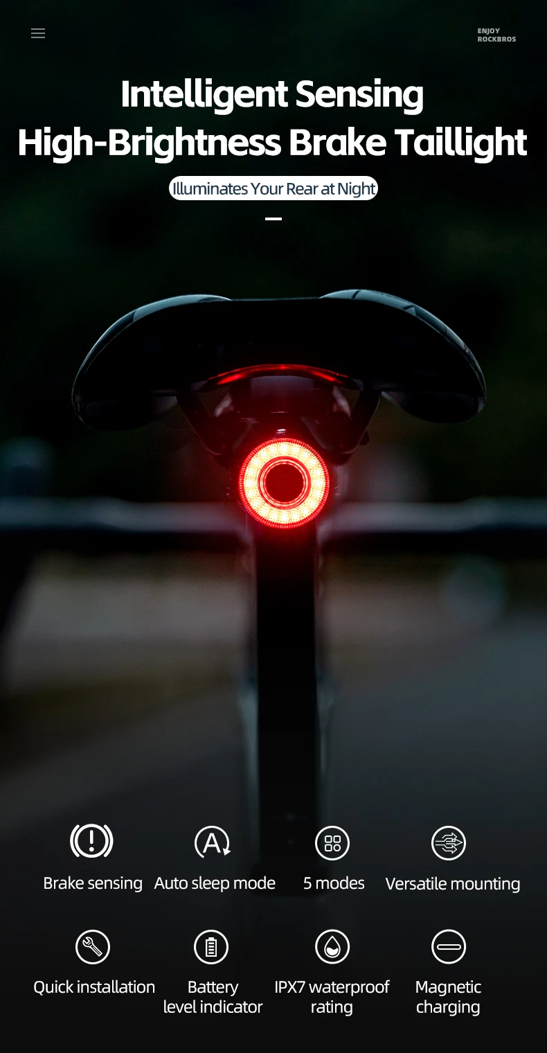 ROCKBROS Smart Bike Tail Light Bicycle Rear Lights IPX6 Waterproof Bike Lights for Night Riding with Type C Rechargeable