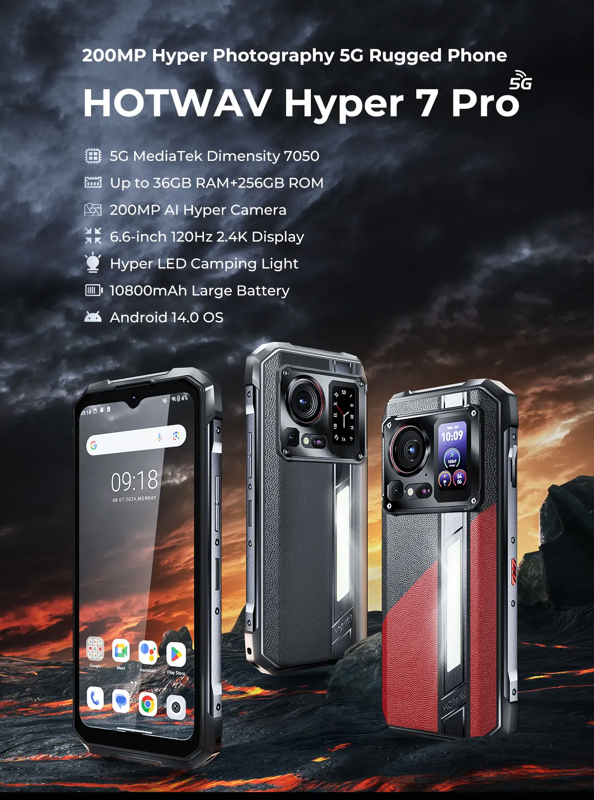 [Ship from DE] HOTWAV Hyper 7 Pro 5G Rugged Phone 200MP Android 14 6.6'' 120Hz Smartphone 36(16+20)GB 256GB 10800mAh Cell Phone