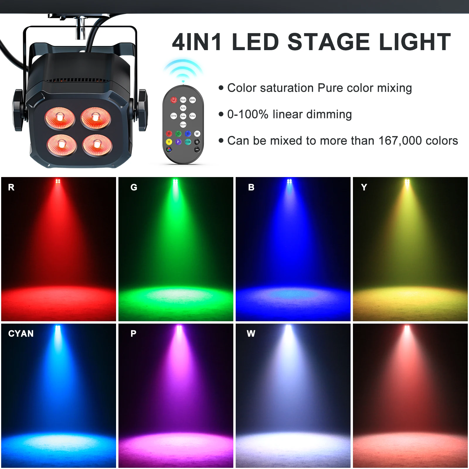 GWONG 4PCS 80W RGBW 4 IN 1 LED Par Lights DJ Light DMX Remote Control Stage Light Sound Activated Effect Light for Party Disco