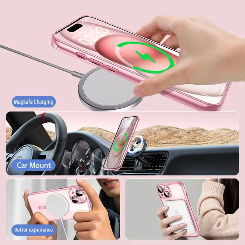 Clear Plating Ultrathin Silicone Case For iPhone 16 15 14 13 12 11 Pro Max 16 Plus Magsafe Magnetic Lens Film Protect Cover Pink