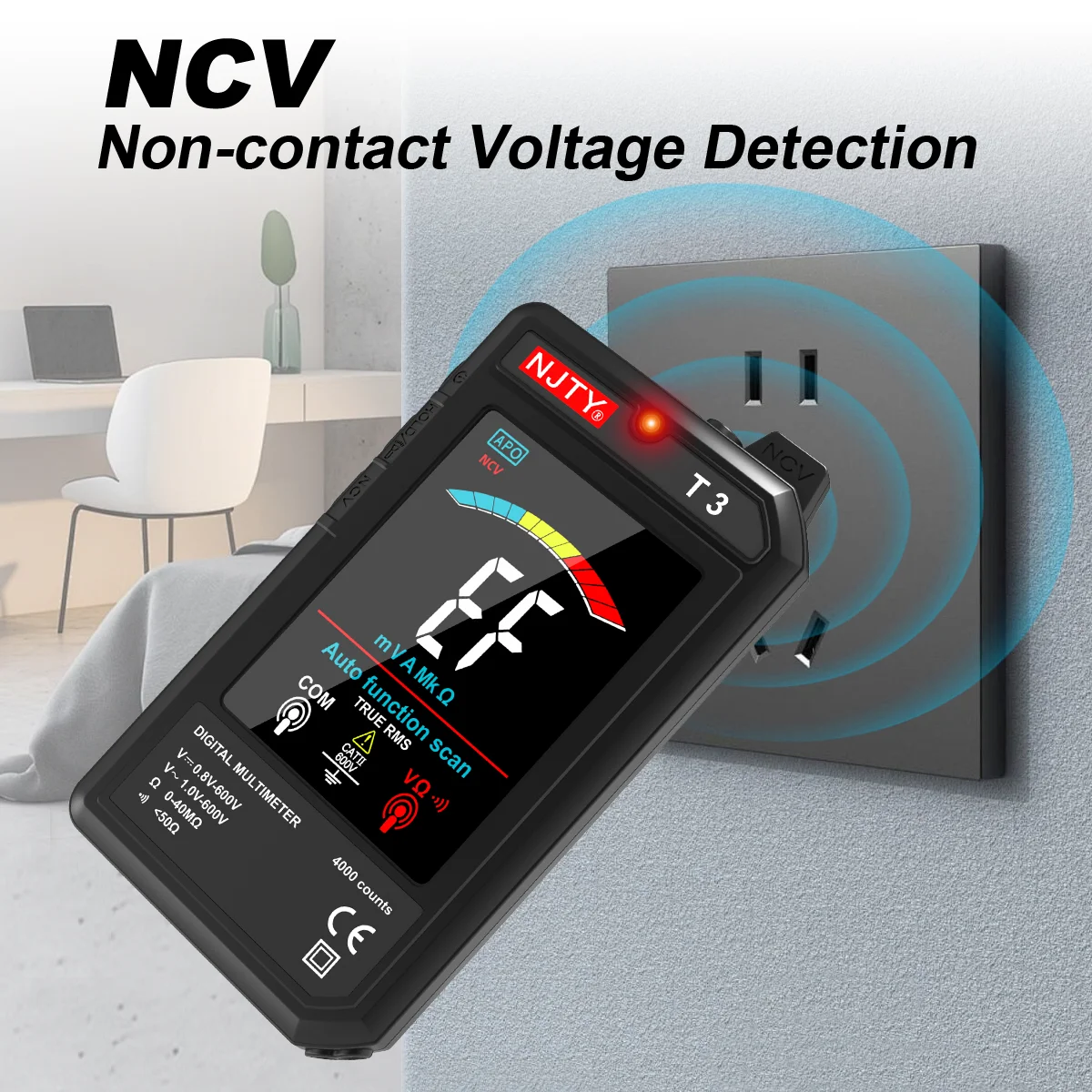 NJTY T3 Smart Digital Multimeter Type-c Charging Auto-Ranging 4000 Counts Ultra-thin NCV Live Wire Color Display Multimeter Tool