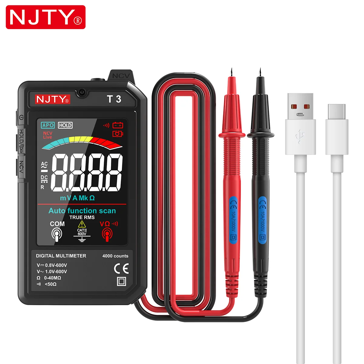NJTY T3 Smart Digital Multimeter Type-c Charging Auto-Ranging 4000 Counts Ultra-thin NCV Live Wire Color Display Multimeter Tool