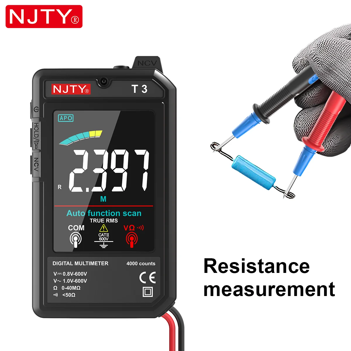 NJTY T3 Smart Digital Multimeter Type-c Charging Auto-Ranging 4000 Counts Ultra-thin NCV Live Wire Color Display Multimeter Tool