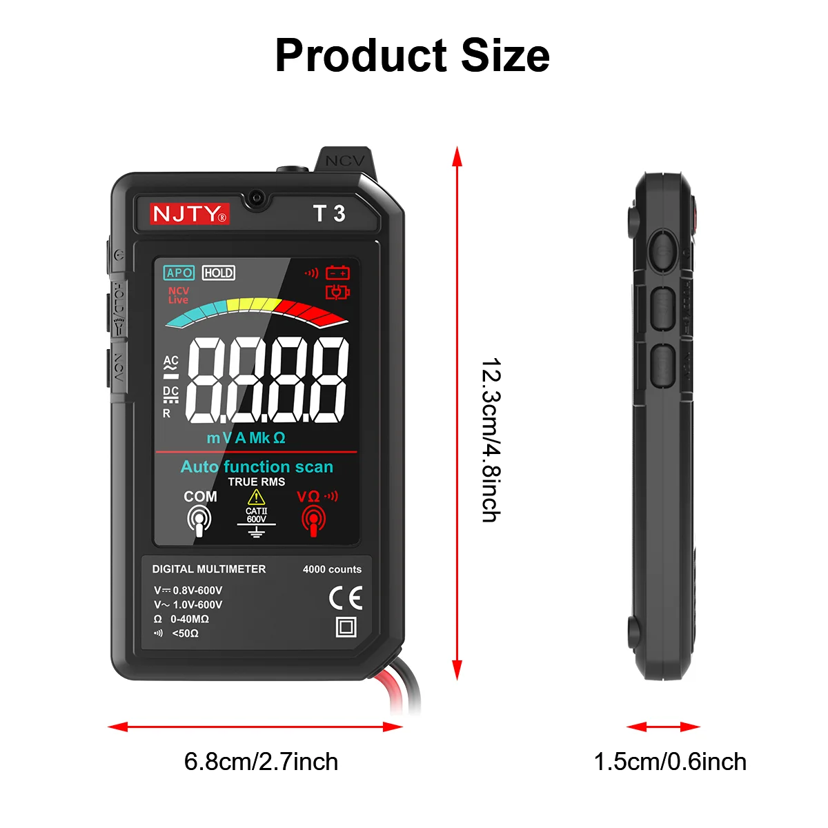 NJTY T3 Smart Digital Multimeter Type-c Charging Auto-Ranging 4000 Counts Ultra-thin NCV Live Wire Color Display Multimeter Tool