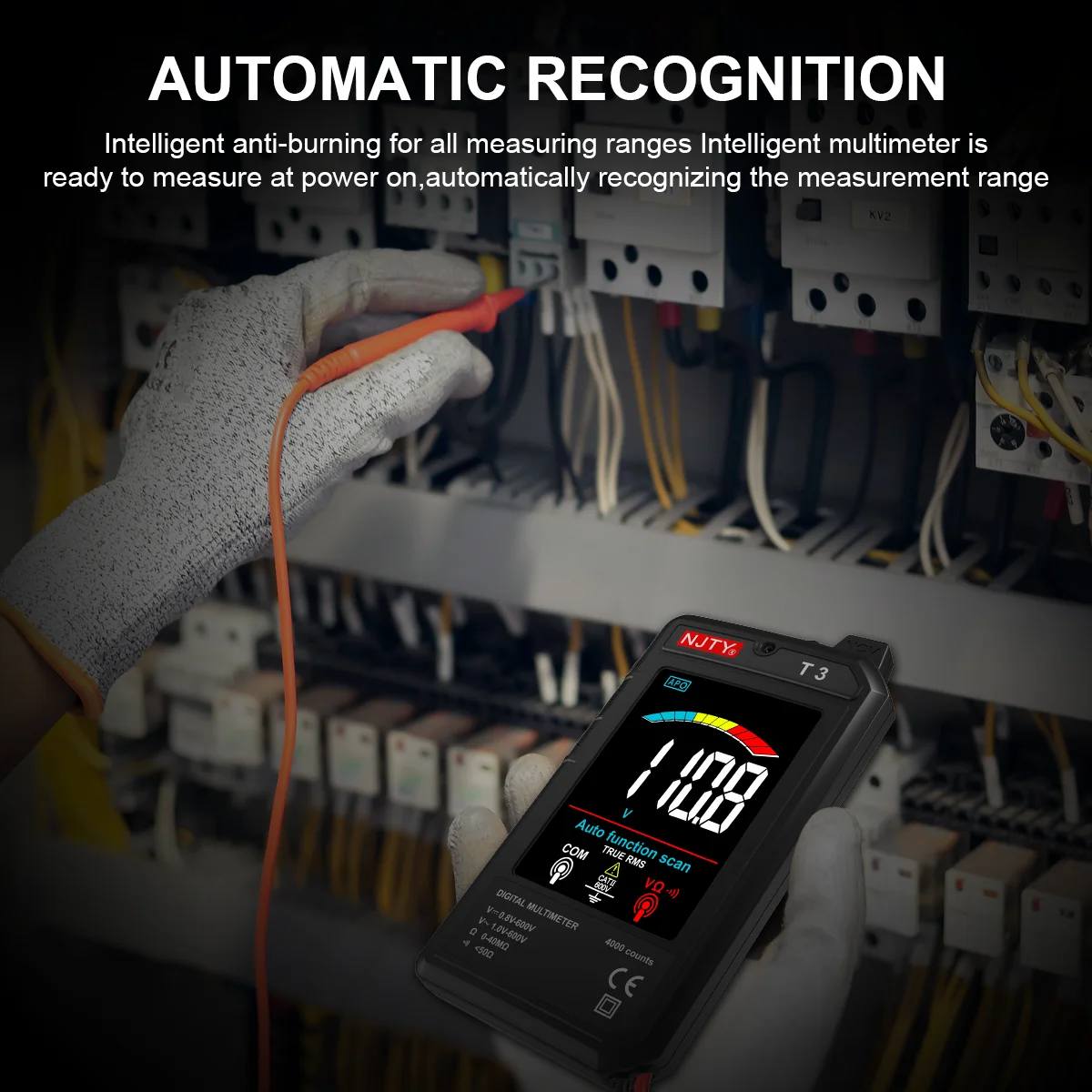 NJTY T3 Smart Digital Multimeter Type-c Charging Auto-Ranging 4000 Counts Ultra-thin NCV Live Wire Color Display Multimeter Tool