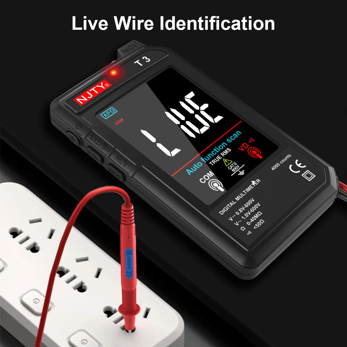 NJTY T3 Smart Digital Multimeter Type-c Charging Auto-Ranging 4000 Counts Ultra-thin NCV Live Wire Color Display Multimeter Tool