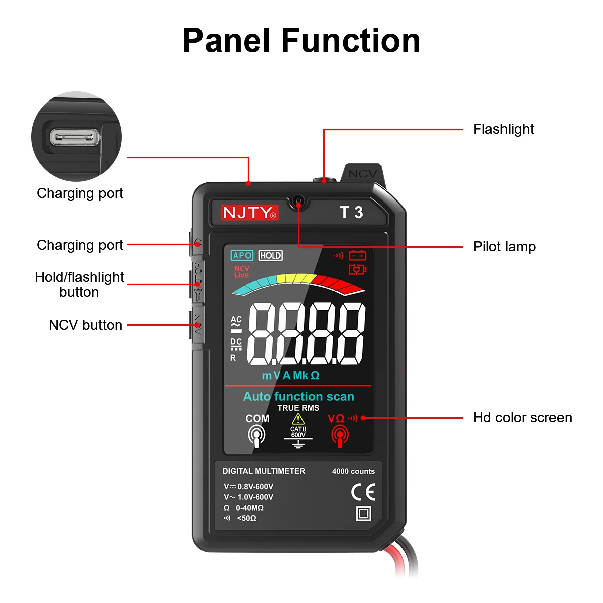NJTY T3 Smart Digital Multimeter Type-c Charging Auto-Ranging 4000 Counts Ultra-thin NCV Live Wire Color Display Multimeter Tool