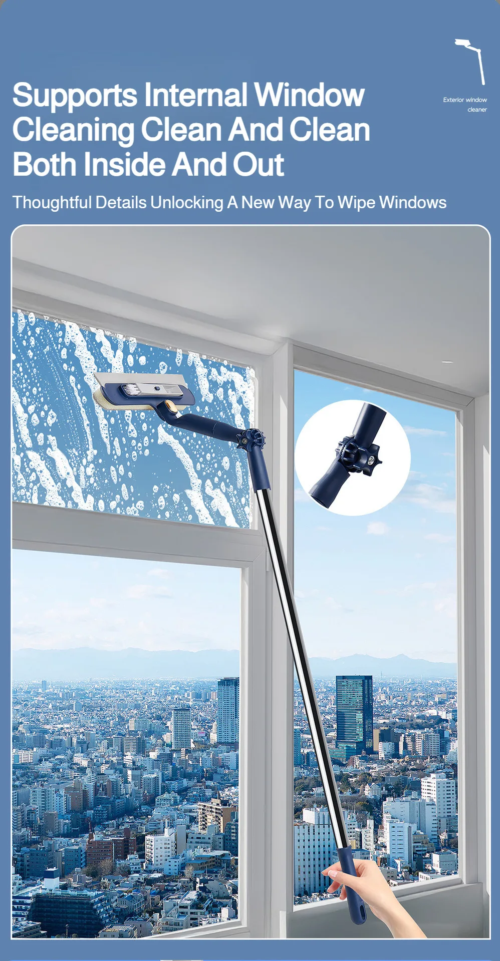 2in1 Highrise Glass Brush Window with Squeegee and Mini Brush Rotatable Glass Wiper Home Cleaning Tool for Glass,Walls and Floor
