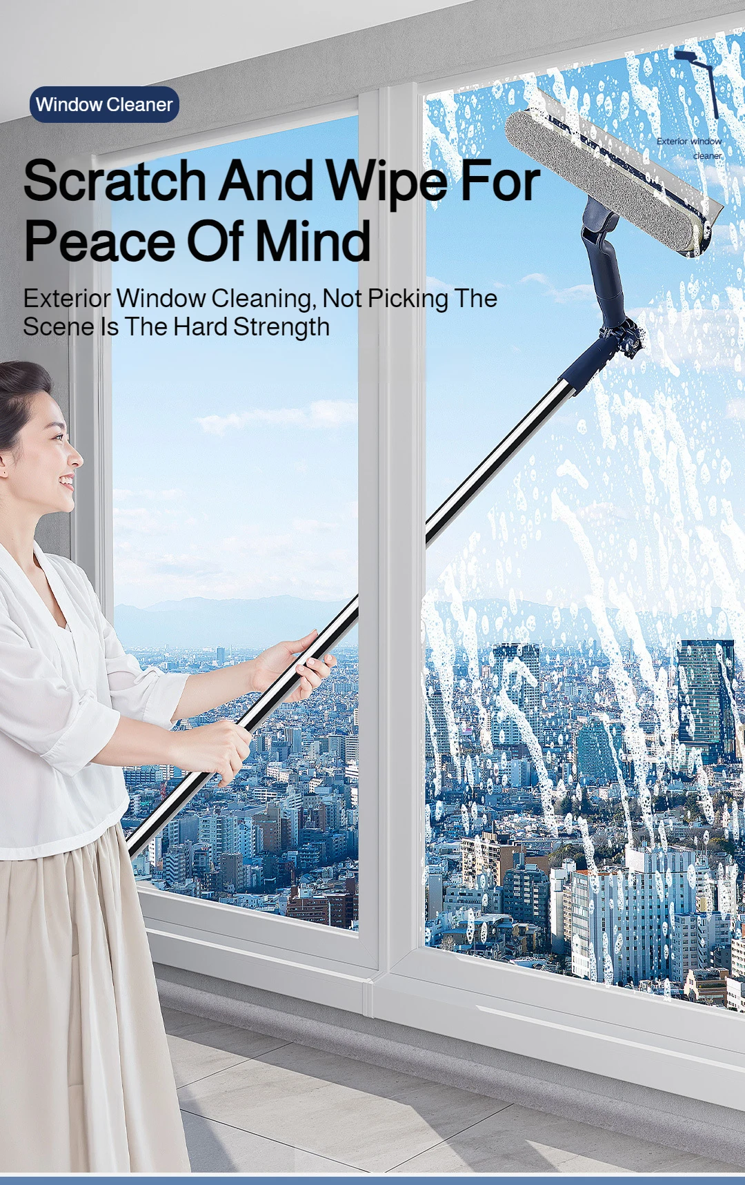 2in1 Highrise Glass Brush Window with Squeegee and Mini Brush Rotatable Glass Wiper Home Cleaning Tool for Glass,Walls and Floor