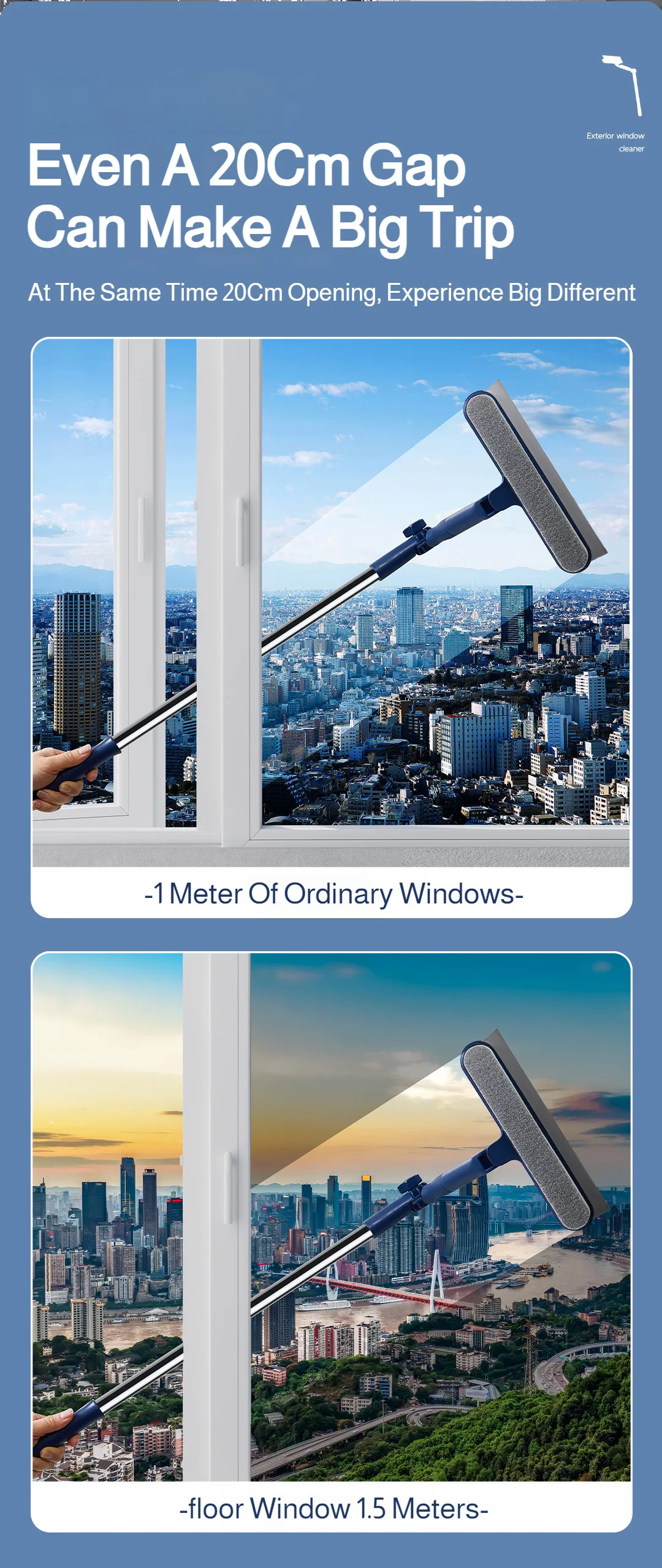 2in1 Highrise Glass Brush Window with Squeegee and Mini Brush Rotatable Glass Wiper Home Cleaning Tool for Glass,Walls and Floor