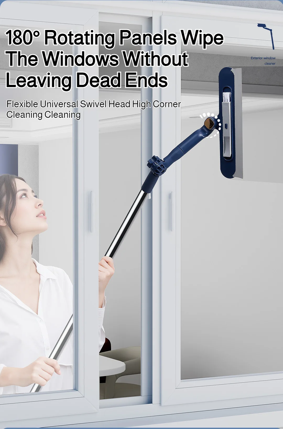 2in1 Highrise Glass Brush Window with Squeegee and Mini Brush Rotatable Glass Wiper Home Cleaning Tool for Glass,Walls and Floor