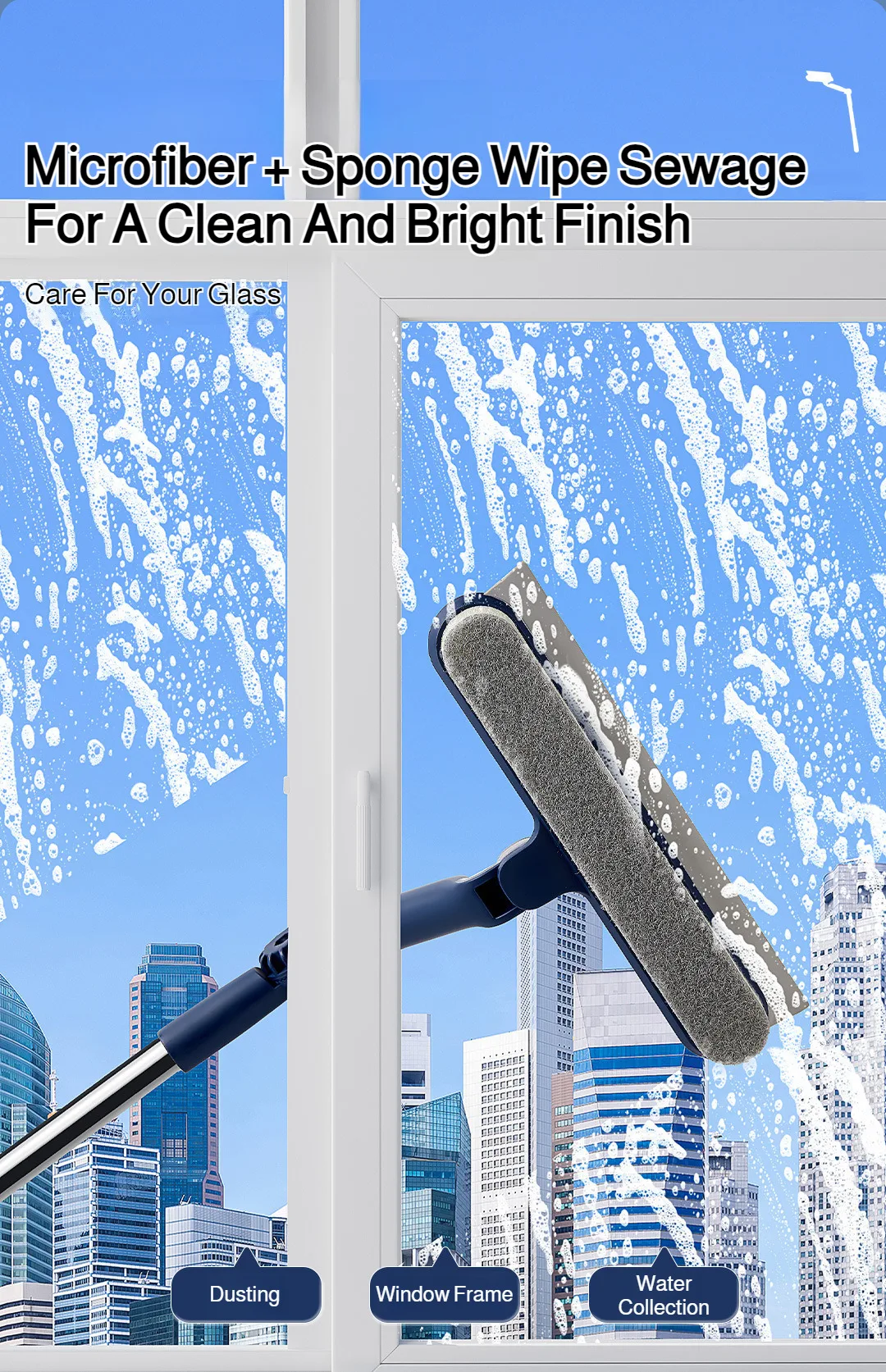 2in1 Highrise Glass Brush Window with Squeegee and Mini Brush Rotatable Glass Wiper Home Cleaning Tool for Glass,Walls and Floor