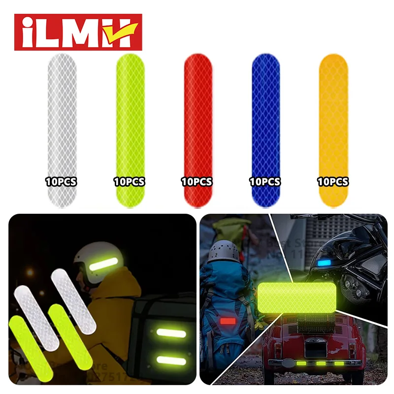 80-10PCS Helmet Safety Warning Reflective Stickers Strip Waterproof High Visibility Reflector Tape For Night Riding Walking Car