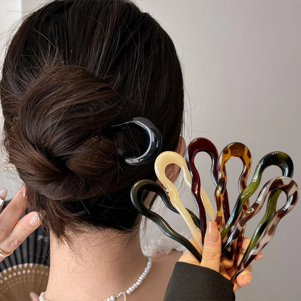 U-Shaped Hair Fork Fashion Tortoiseshell Acetate Acrylic Hairpin Geometric Headwear Hair Sticks Women Girls Hair Accessories